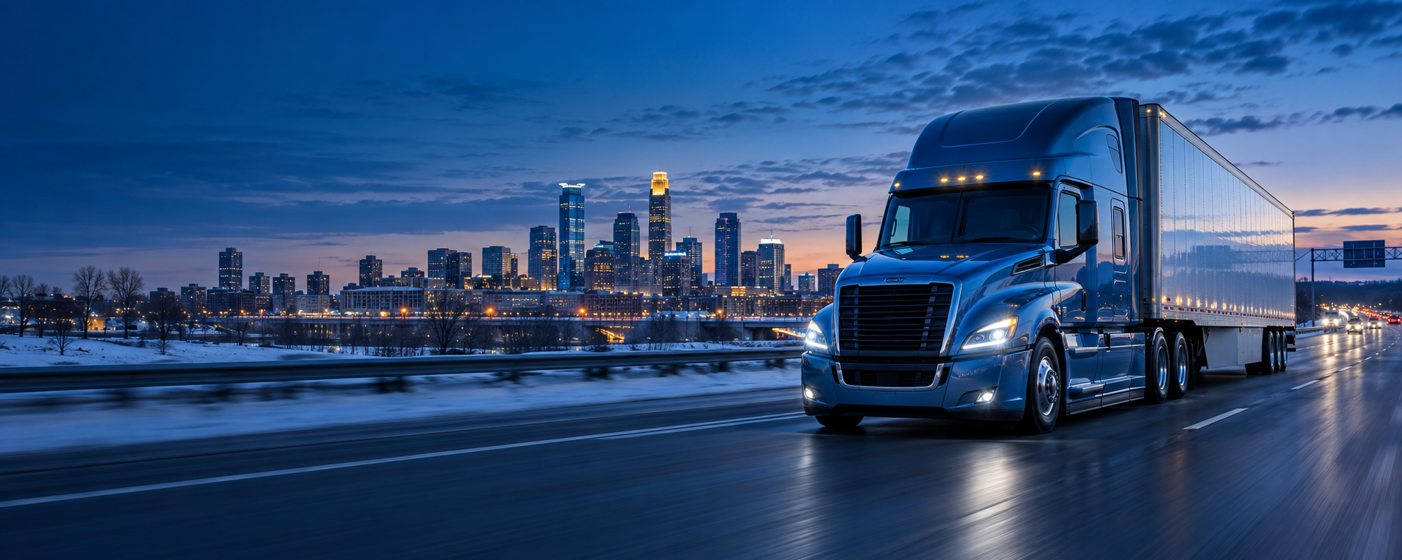 Blue semi-truck traveling near the Minneapolis skyline